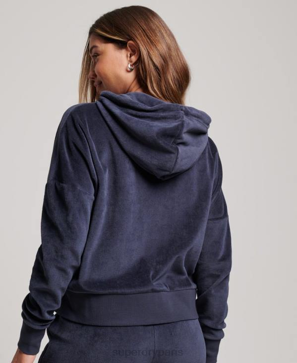 Superdry femmes sweat à capuche zippé en velours à logo vintage en coton bio D64Z2185 vêtements marine