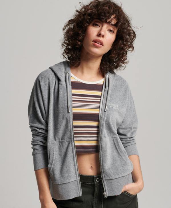 Superdry femmes sweat à capuche zippé en velours à logo vintage en coton bio D64Z2197 vêtements gris
