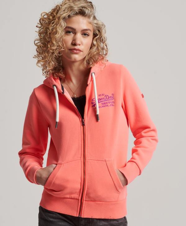 Superdry femmes sweat à capuche zippé fluo à logo vintage D64Z2065 vêtements corail