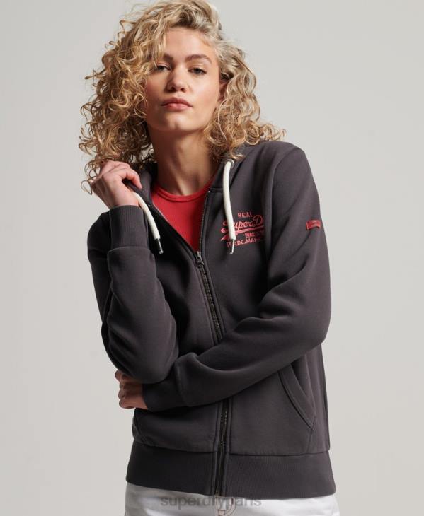 Superdry femmes sweat à capuche zippé fluo à logo vintage D64Z2143 vêtements gris foncé