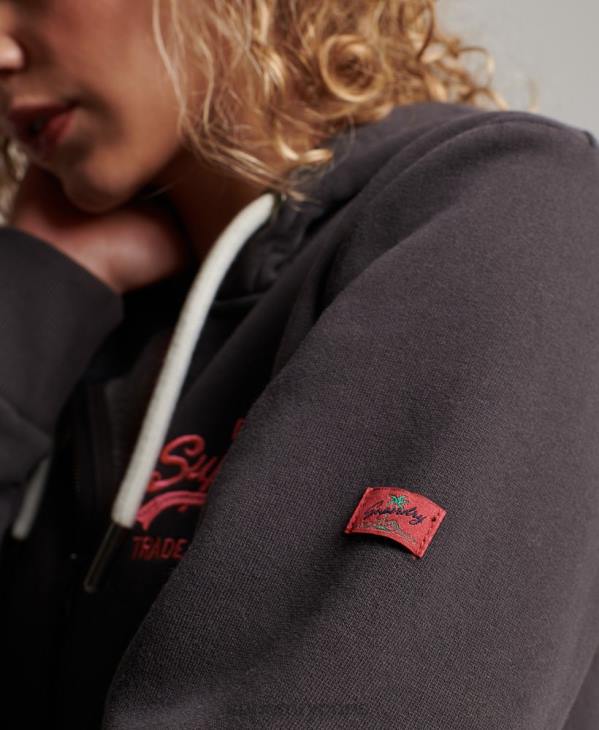 Superdry femmes sweat à capuche zippé fluo à logo vintage D64Z2143 vêtements gris foncé