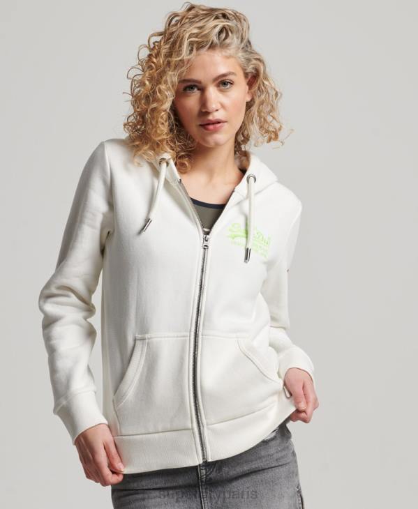 Superdry femmes sweat à capuche zippé fluo à logo vintage D64Z2252 vêtements crème