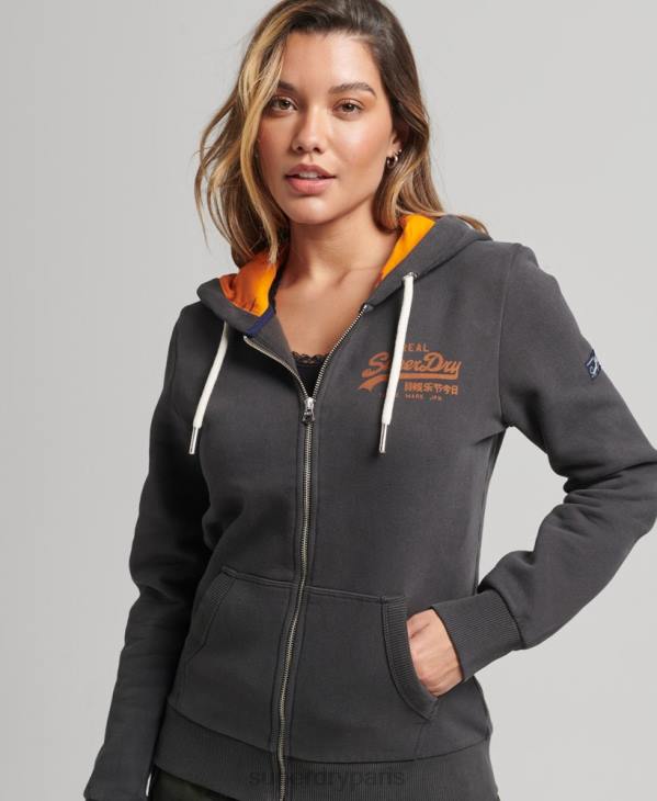 Superdry femmes sweat à capuche zippé à imprimé intégral D64Z6027 vêtements gris foncé