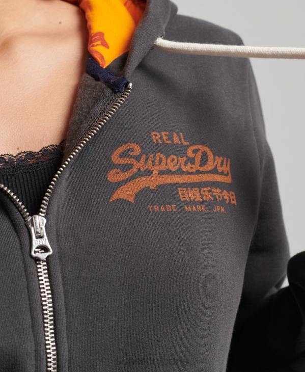 Superdry femmes sweat à capuche zippé à imprimé intégral D64Z6027 vêtements gris foncé