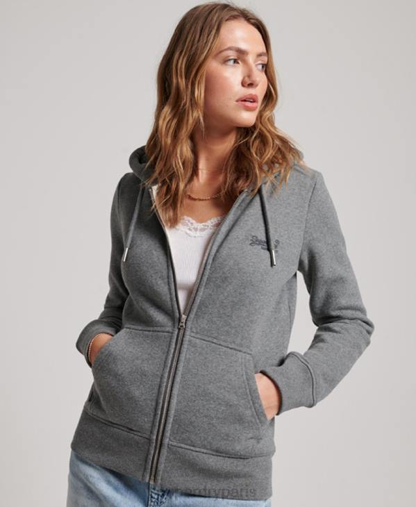 Superdry femmes sweat à capuche zippé à logo brodé D64Z3335 vêtements gris