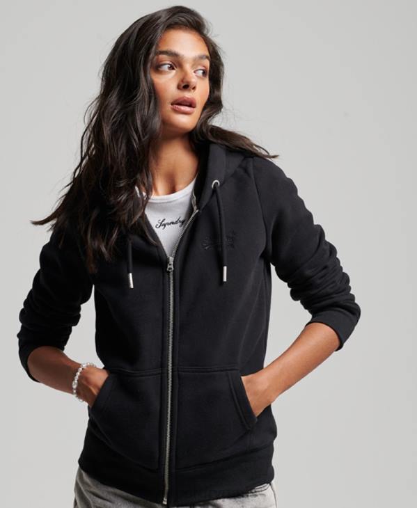 Superdry femmes sweat à capuche zippé à logo brodé D64Z3425 vêtements noir