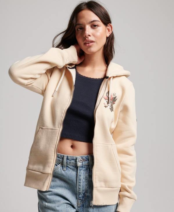 Superdry femmes sweat à capuche zippé à logo vintage D64Z2179 vêtements crème