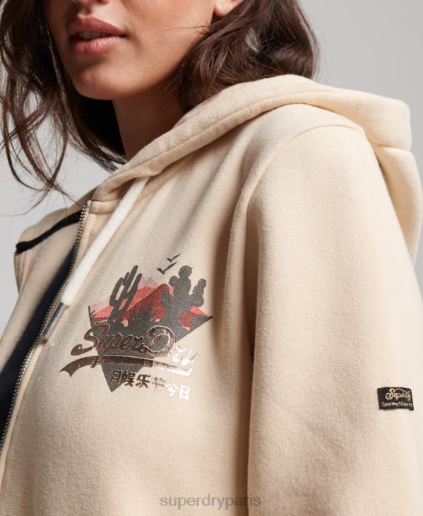 Superdry femmes sweat à capuche zippé à logo vintage D64Z2179 vêtements crème