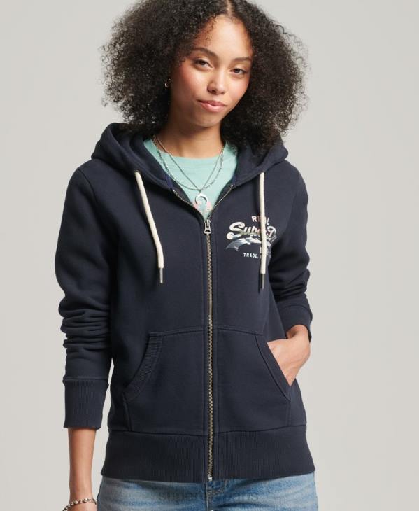 Superdry femmes sweat à capuche zippé à logo vintage D64Z6059 vêtements marine