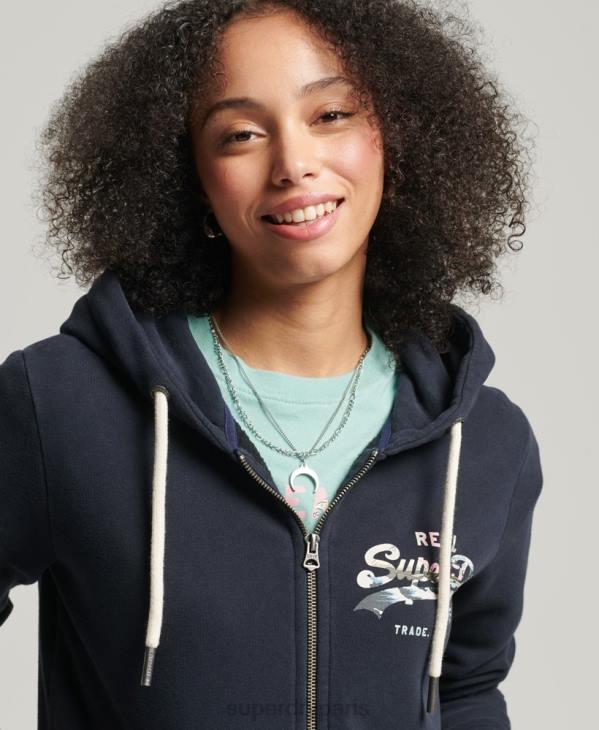 Superdry femmes sweat à capuche zippé à logo vintage D64Z6059 vêtements marine