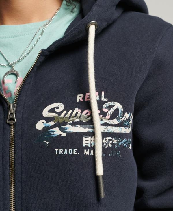 Superdry femmes sweat à capuche zippé à logo vintage D64Z6059 vêtements marine