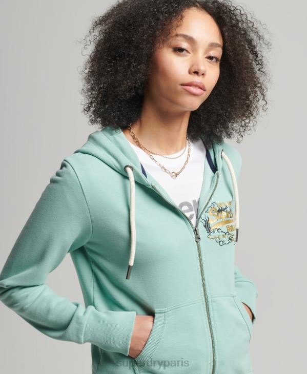 Superdry femmes sweat à capuche zippé à logo vintage D64Z6127 vêtements bleu clair