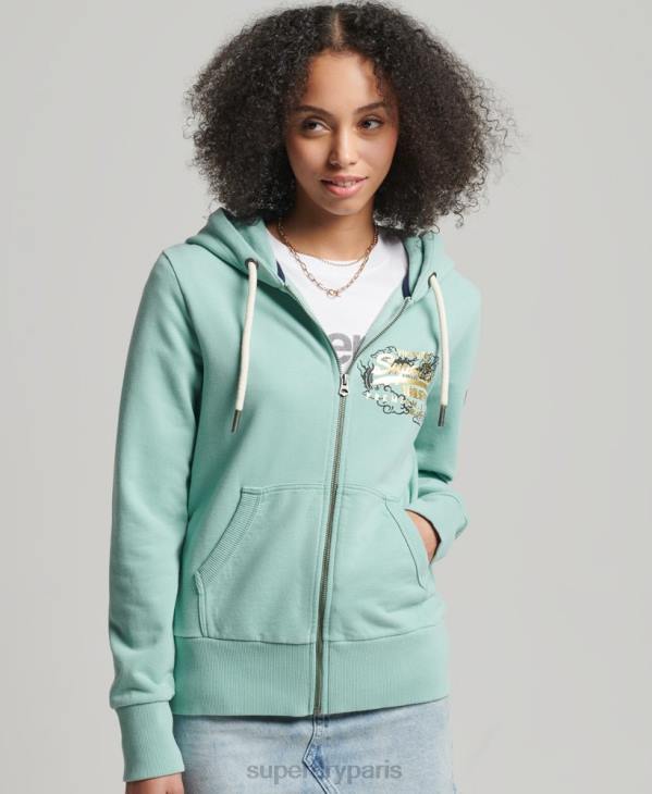 Superdry femmes sweat à capuche zippé à logo vintage D64Z6127 vêtements bleu clair