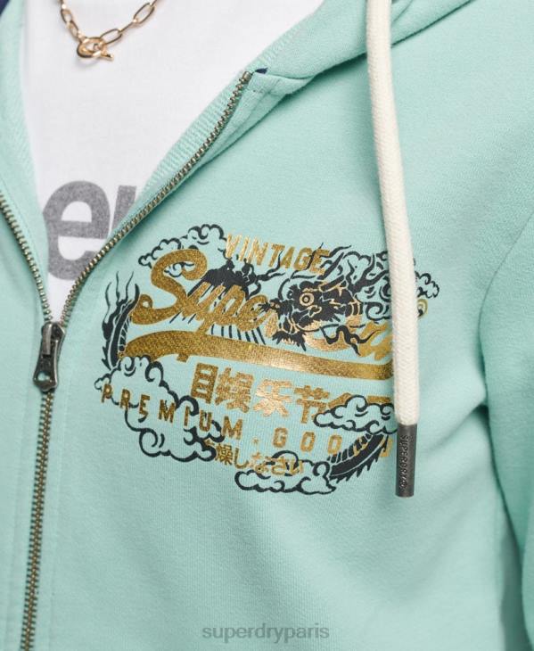 Superdry femmes sweat à capuche zippé à logo vintage D64Z6127 vêtements bleu clair
