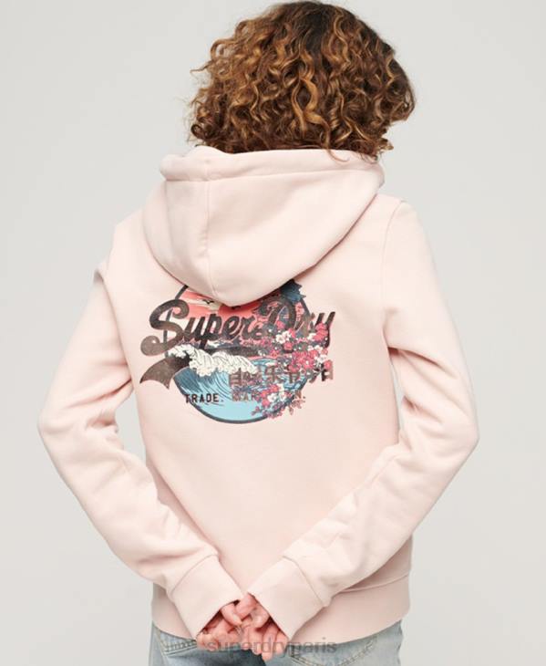 Superdry femmes sweat à capuche zippé à logo vintage japonais D64Z3287 vêtements rose