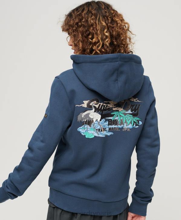 Superdry femmes sweat à capuche zippé à logo vintage japonais D64Z3393 vêtements marine