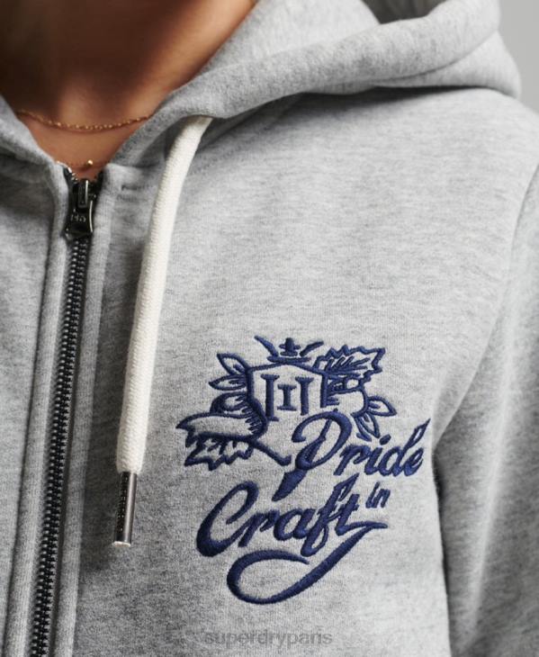 Superdry femmes sweat à capuche zippé vintage Pride in Craft D64Z3501 vêtements gris