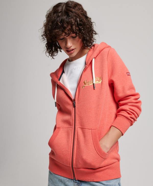 Superdry femmes sweat à capuche zippé vintage scripted college D64Z3374 vêtements corail