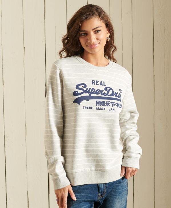 Superdry femmes sweat ras du cou rayé source logo vintage D64Z6135 vêtements gris