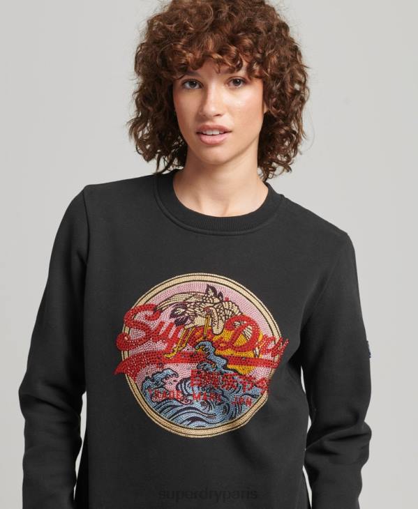 Superdry femmes sweat ras du cou à strass narratifs et logo vintage D64Z5772 vêtements noir
