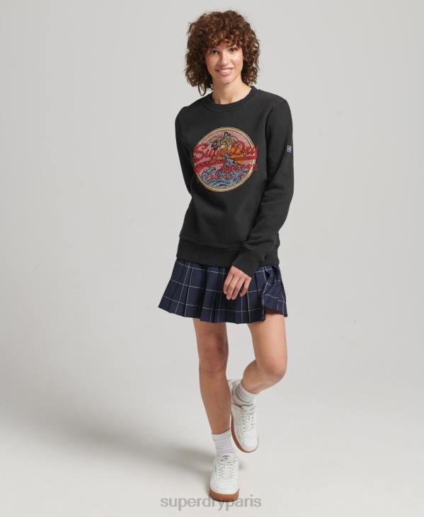 Superdry femmes sweat ras du cou à strass narratifs et logo vintage D64Z5772 vêtements noir