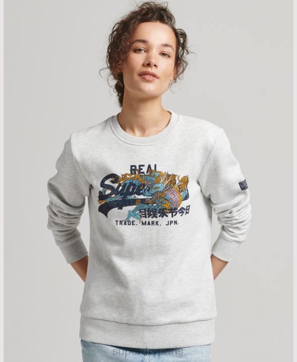 Superdry femmes sweat ras du cou à strass narratifs et logo vintage D64Z5982 vêtements gris clair