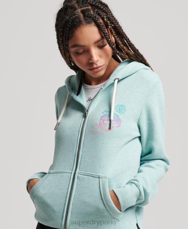 Superdry femmes sweat zippé à capuche avec autocollant de voyage D64Z3289 vêtements bleu clair