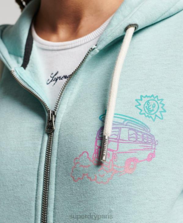 Superdry femmes sweat zippé à capuche avec autocollant de voyage D64Z3289 vêtements bleu clair