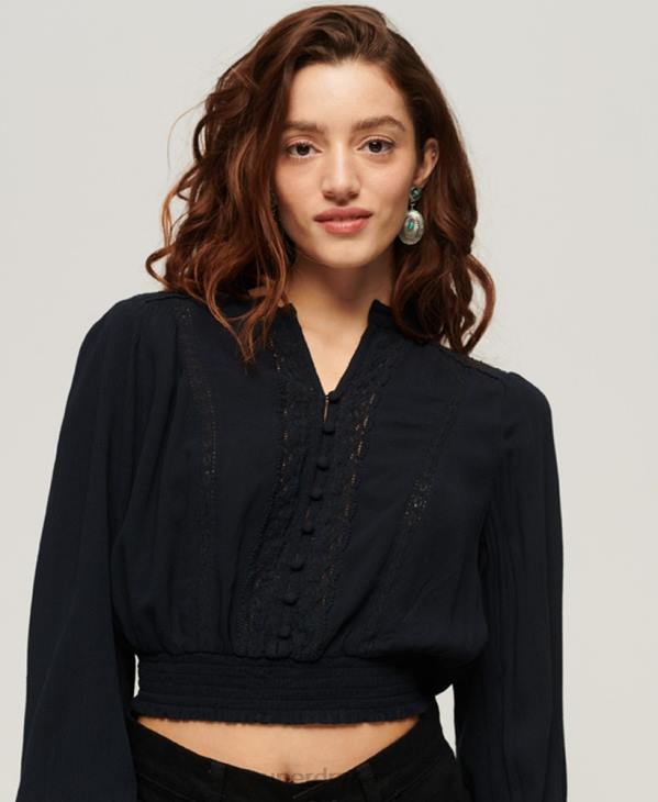Superdry femmes blouse smockée à manches longues D64Z2897 vêtements marine