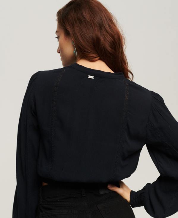 Superdry femmes blouse smockée à manches longues D64Z2897 vêtements marine