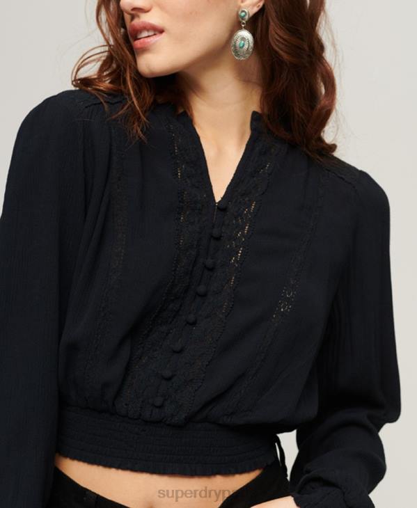 Superdry femmes blouse smockée à manches longues D64Z2897 vêtements marine