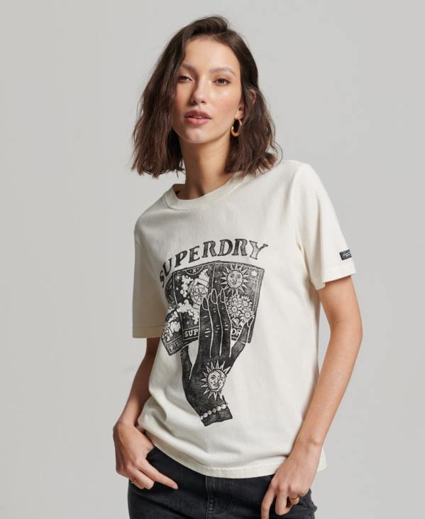 Superdry femmes cartes de tarot t-shirt graphique D64Z2735 vêtements blanc