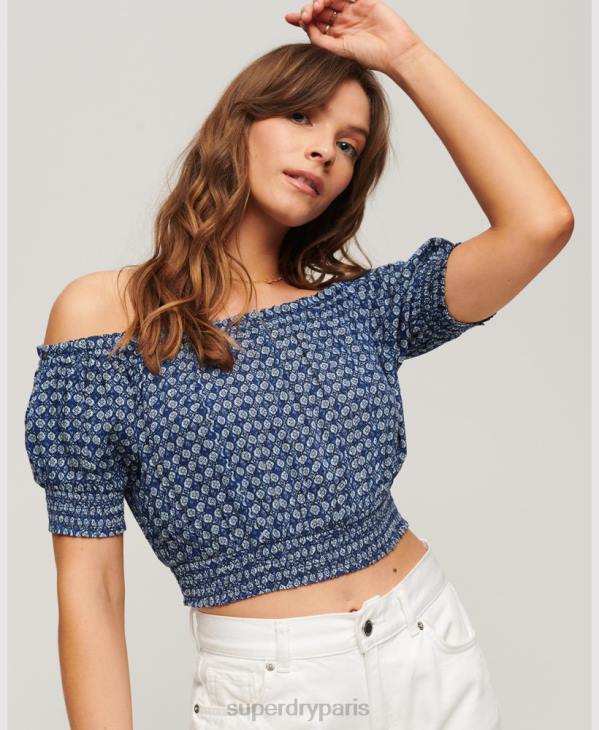 Superdry femmes crop top smocké à manches courtes D64Z2023 vêtements bleu
