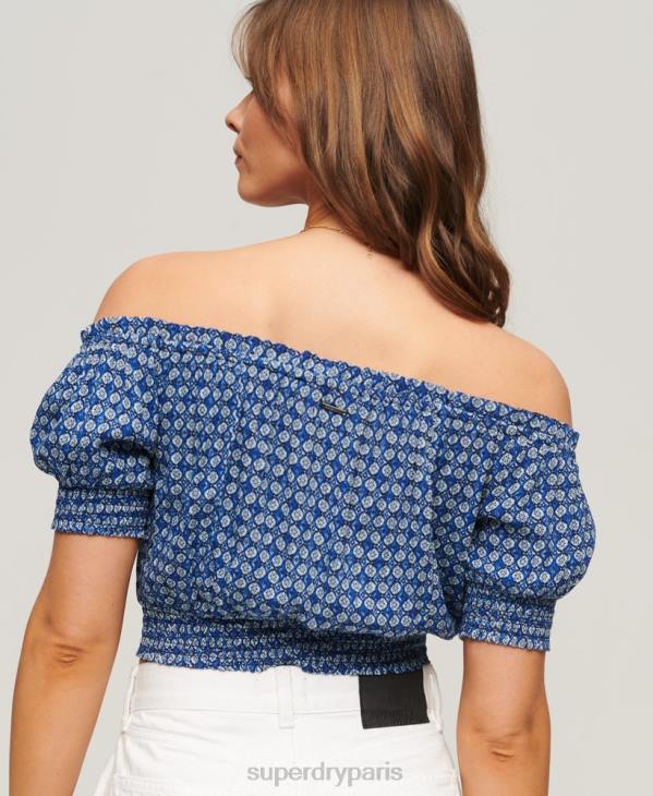 Superdry femmes crop top smocké à manches courtes D64Z2023 vêtements bleu