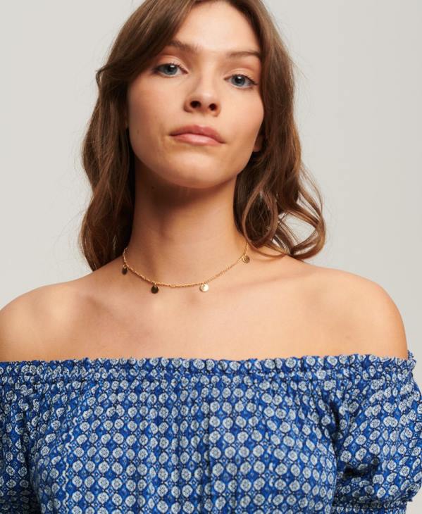 Superdry femmes crop top smocké à manches courtes D64Z2023 vêtements bleu