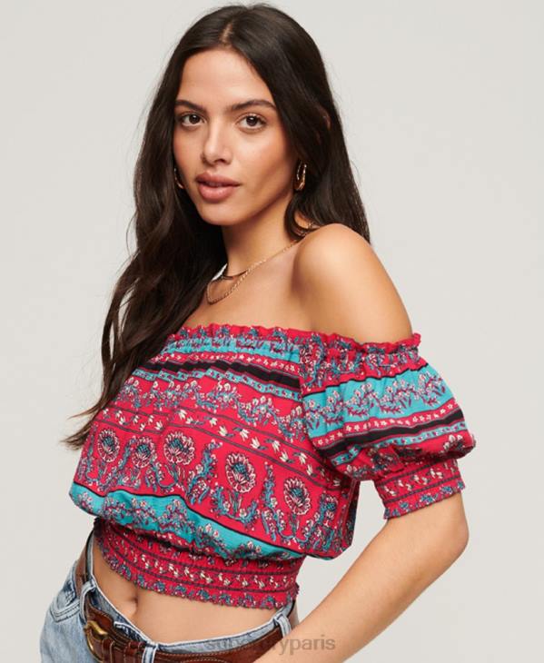 Superdry femmes crop top smocké à manches courtes D64Z2109 vêtements rose