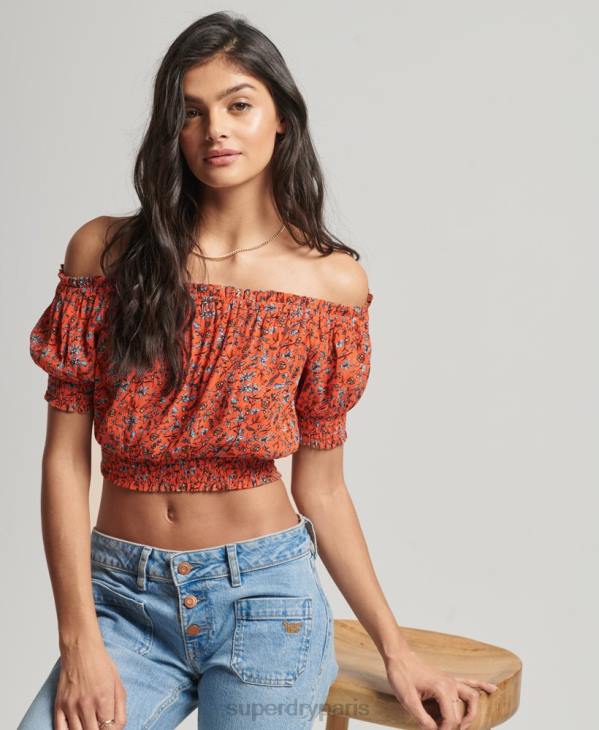 Superdry femmes crop top smocké à manches courtes D64Z2110 vêtements orange
