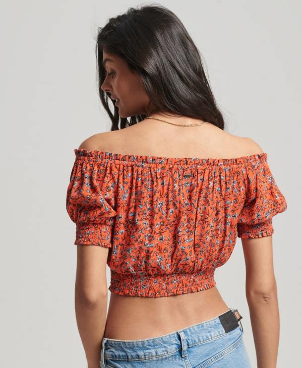 Superdry femmes crop top smocké à manches courtes D64Z2110 vêtements orange
