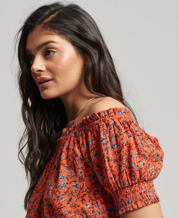 Superdry femmes crop top smocké à manches courtes D64Z2110 vêtements orange