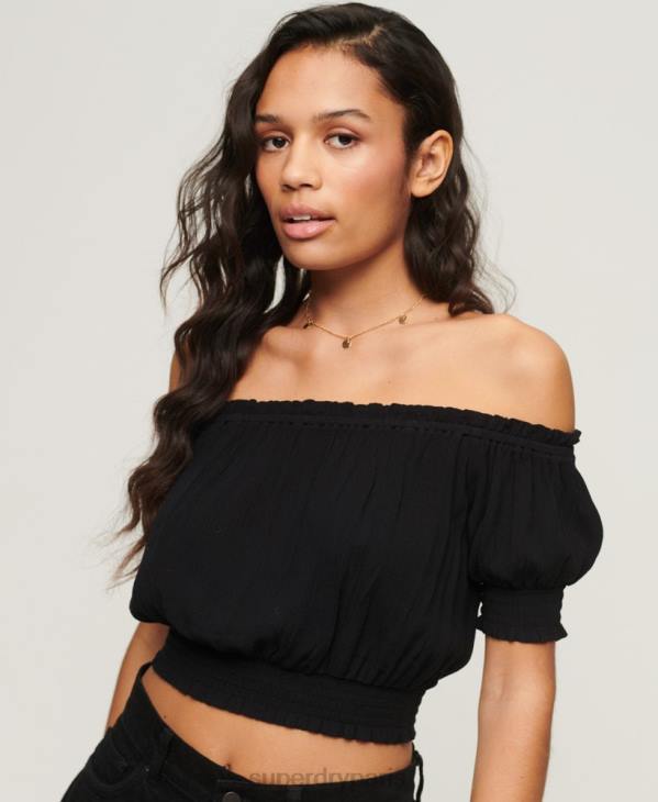 Superdry femmes crop top smocké à manches courtes D64Z2870 vêtements noir