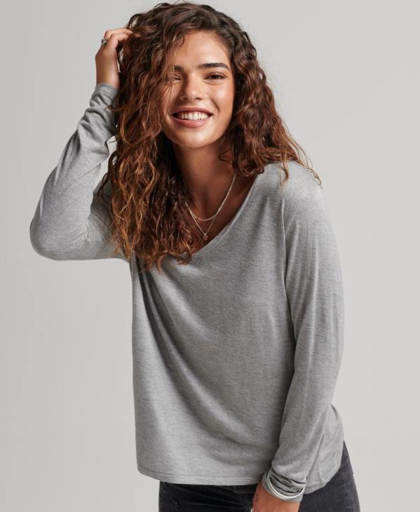 Superdry femmes haut à col v et manches longues D64Z6736 vêtements gris