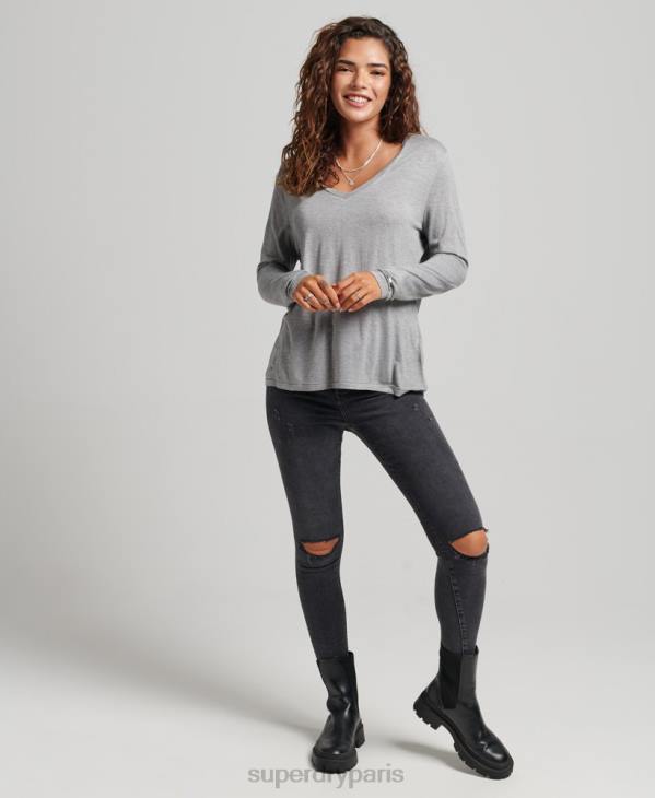 Superdry femmes haut à col v et manches longues D64Z6736 vêtements gris