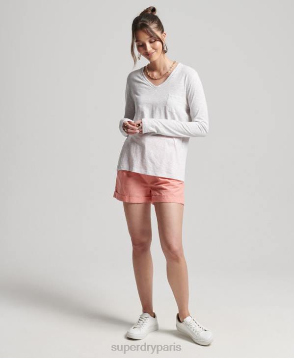 Superdry femmes haut col v poche manches longues en coton bio D64Z6510 vêtements gris clair