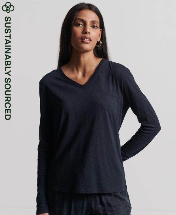 Superdry femmes haut col v poche manches longues en coton bio D64Z6547 vêtements marine
