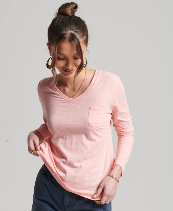 Superdry femmes haut col v poche manches longues en coton bio D64Z6552 vêtements rose