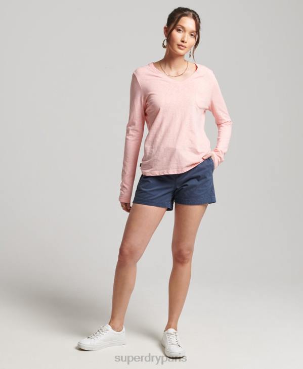 Superdry femmes haut col v poche manches longues en coton bio D64Z6552 vêtements rose