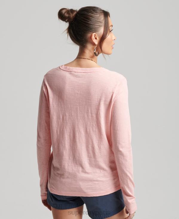 Superdry femmes haut col v poche manches longues en coton bio D64Z6552 vêtements rose