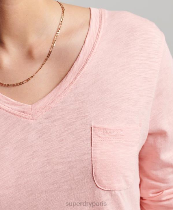 Superdry femmes haut col v poche manches longues en coton bio D64Z6552 vêtements rose