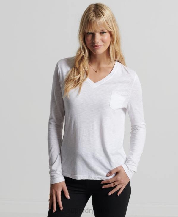 Superdry femmes haut col v poche manches longues en coton bio D64Z6556 vêtements blanc