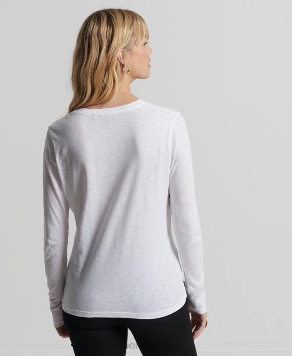 Superdry femmes haut col v poche manches longues en coton bio D64Z6556 vêtements blanc